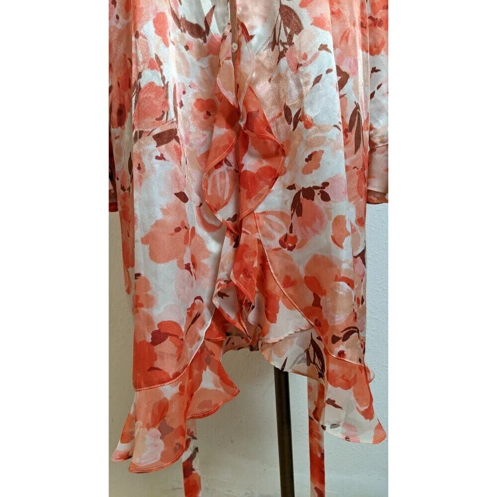Women's Oscar de la Renta Pink Label Floral Print Ruffle Trim Robe LG